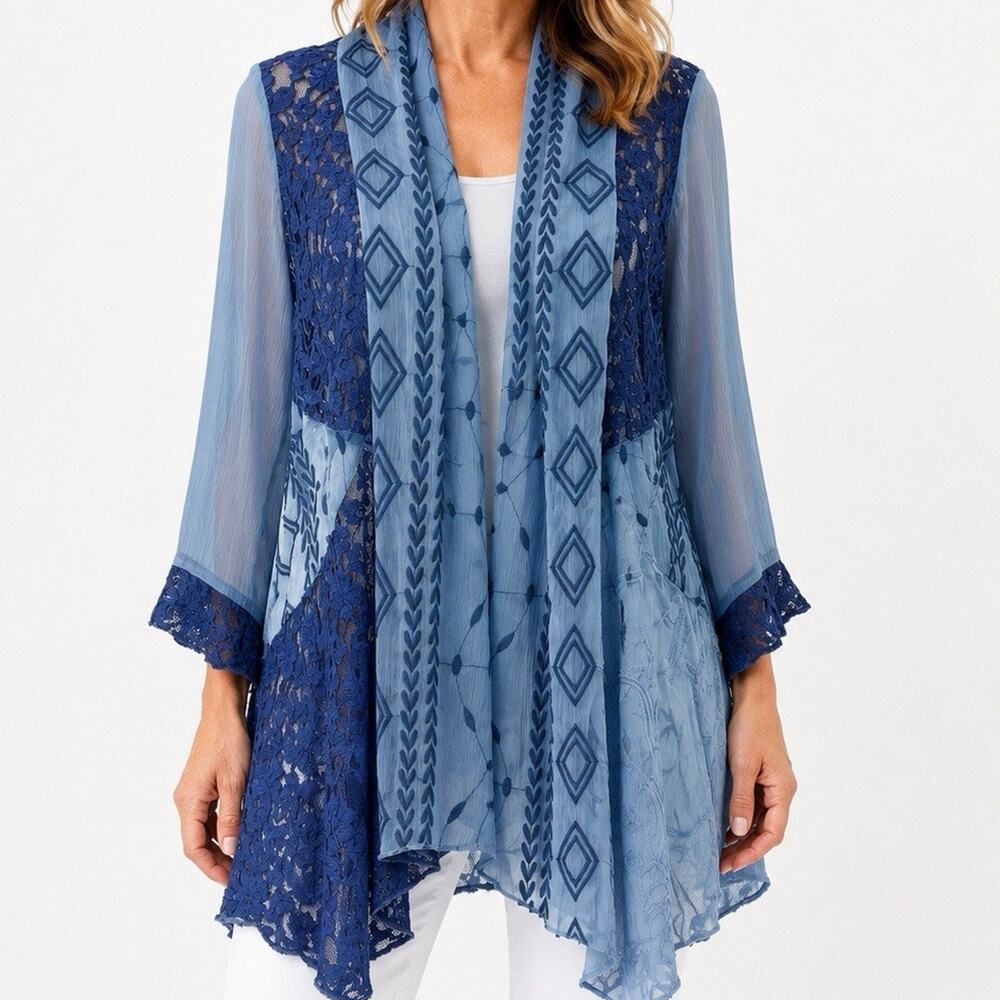 Ali Miles Blue Embroidered Sheer Chiffon Open Front Tunic Small Artsy Lagenlook